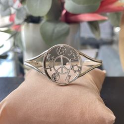 Solid Sterling Sikver 925 Peace And Symbols Cuff Bracelet