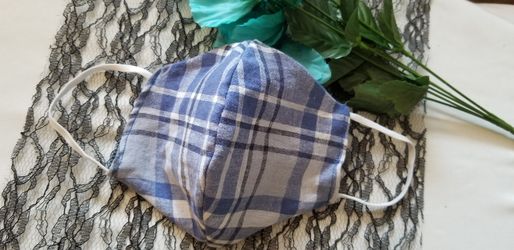 Face Mask Blue Plaid - Reversible - Filter Pocket -Adjustable Nose Wire