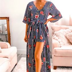 J is for Justice Navy White Striped Floral Wrap dress