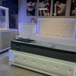 Beautiful White 5 Pc Bedroom Set With Built In LED Light Only $1999 With A FREE MATTRESS 