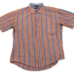 Tommy Hilfiger Men’s Orange Blue Striped Short Sleeve Button Down Shirt Size L