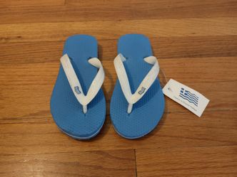 NWT Kids Blue Greek Greece Flip-Flops with White Straps & Flash 1Y