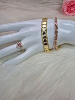 Pink heart ring size8 and 2 beautiful Bracelets 14K Gold Laminated Hypoallergenic Waterproof Non Tarnish Excellent Quality Jewelry Prices Are On Descr
