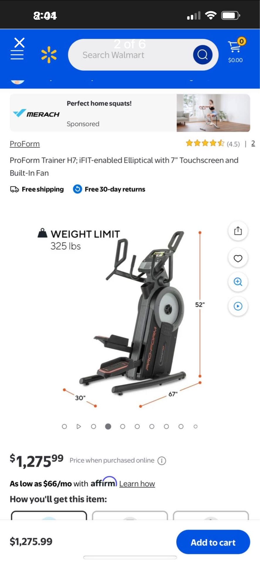 ProForm Trainer H7; iFIT-enabled Elliptical with 7” Touchscreen and Built-In Fan