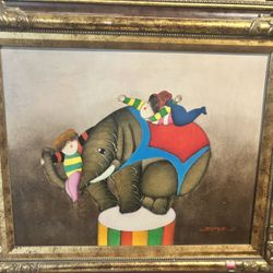 CHILDREN ELEPHANT CIRCUS ORIGINAL SIGNED ROYBAL COLORFUL FRAMED OIL PAINTING