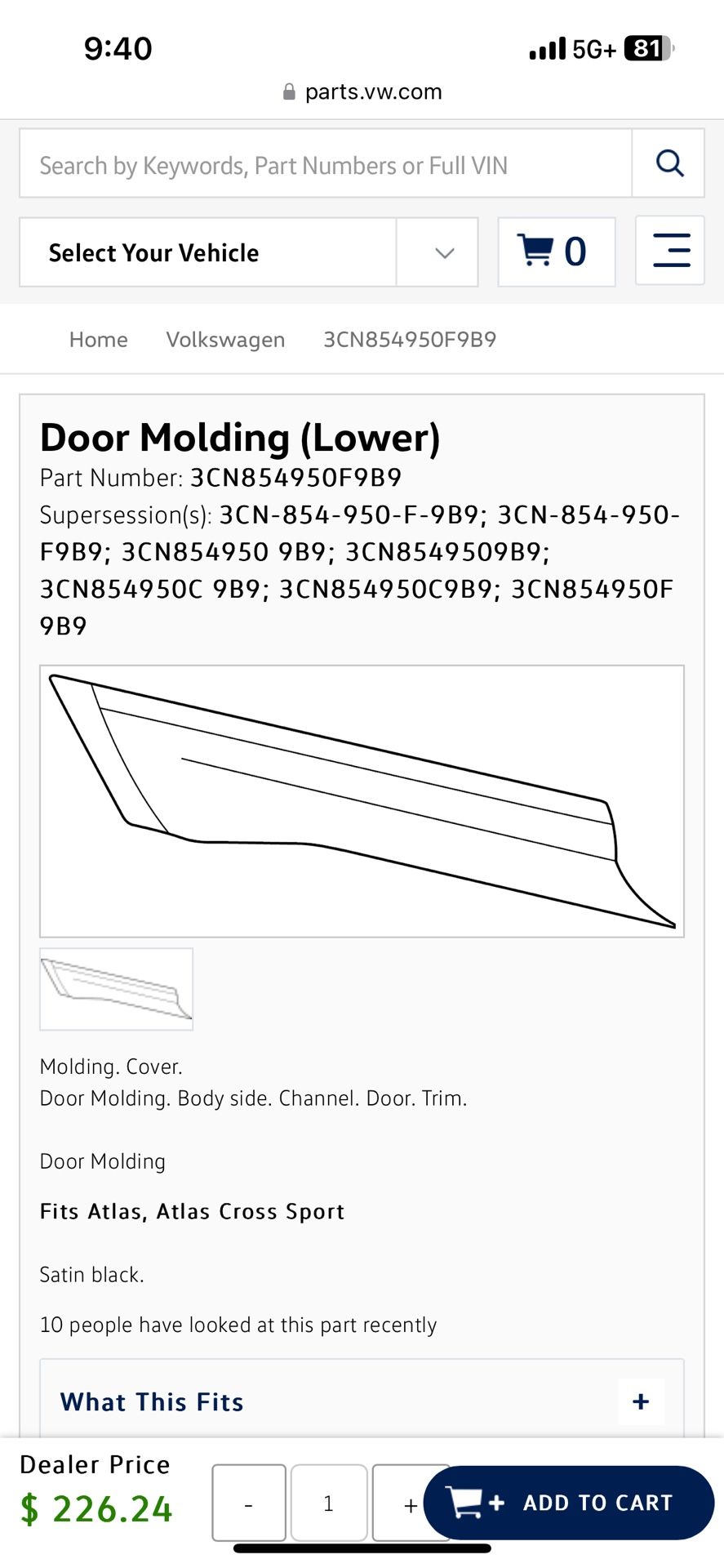 Volkswagen Lower Rear Right Door Molding: 3CN -854-950-F -9B9