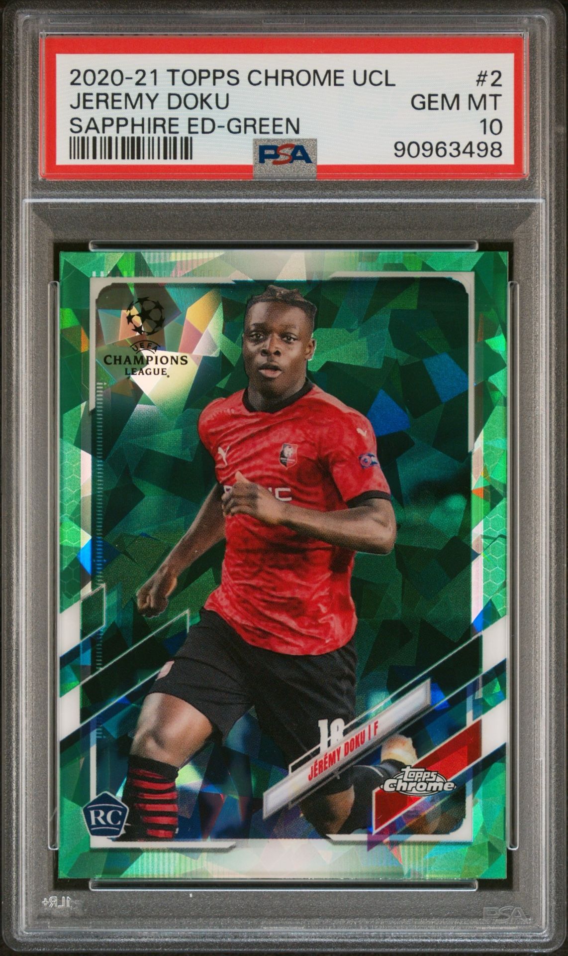 2020 Topps Chrome Jeremy Doku Sapphire Green #2 Rookie PSA 10