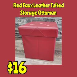 New Red Faux Leather Tufted Storage Ottoman : Njft