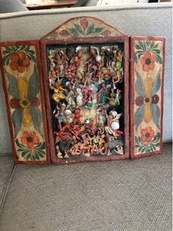 Shadow Box / Diorama: Andean folk art (crafted in  Peru), portable wooden box with folding doors containing colorful three-dimensional figures and sce