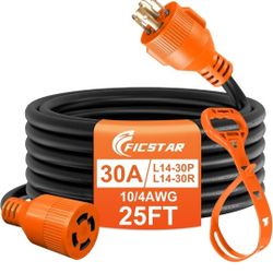 25 Ft 30 Amp 4 Prong Generator Extension Cord, NEMA L14-30P to L14-30R, 4×10 Gauge STW 125/250V Up to 7500W Generator Cable, ETL Listed