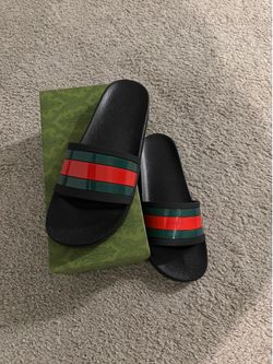 Gucci Web Stripe Rubber Slide Sandals - Black - W/ Box