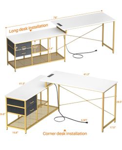 L Shape Desk with Power Outlets Gold White