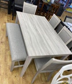 ✅️✅️ 6 pc light finish wood  dining table set padded seat chairs and bench ✅️✅️