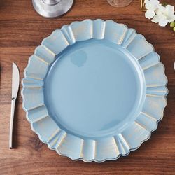 13" Round Dusty Blue Acrylic Plastic Charger Plates With Gold Brushed Wavy Scalloped Rim

