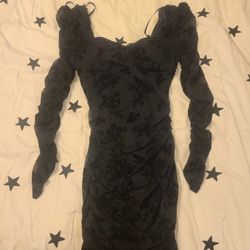 New. Windsor. Size Small. Black With Velvet Roses, Long-sleeved, Ruched, Bodycon, Mini Dress.
