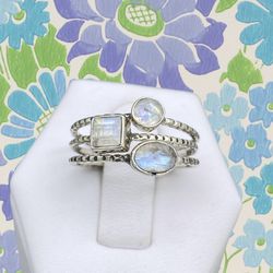 Rainbow Moonstone & Solid Sterling Silver Stacker Ring Trio - Sz 8