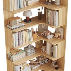 6-Tier Corner Bookshelf, Modern Tall Bookcase with Anti-Drop Panel, L-Shaped Etagere Shelf, Freestanding Corner Shelf Display Rack Storage Organizer f