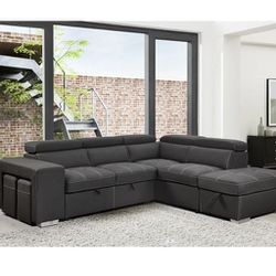 105" Sectional Sofer With Adjustable Headrest, Pull Out Couch Bed with Storage Ottoman & 2 Stools