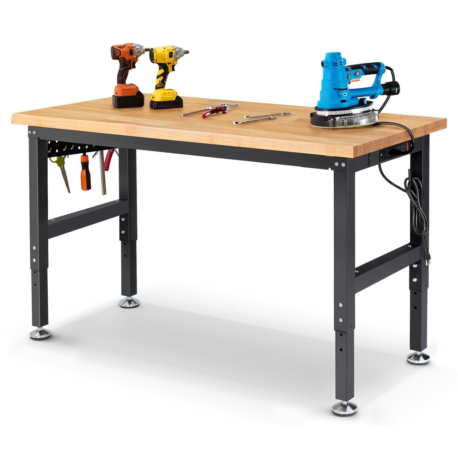 60 Inch Workbench for Garage Adjustable Height Work Bench with Pegboard Power Outlets Rubber Wood Tabletop Work Table for Cutting Wood Woodworking Sho