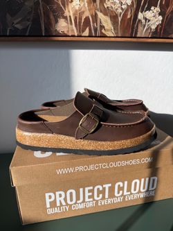 Project Cloud Brown Leather Buckle Mule Clogs