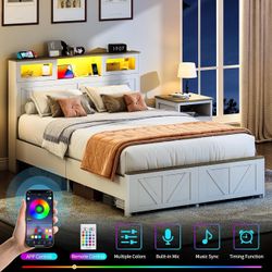 Yoobure Queen Size Bed Frame with Headboard, Queen Bed Frame with Charging Station, LED Beds with 2 Storage Drawers, Wood Farmhouse Bedframe,