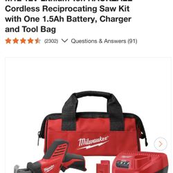 Milwaukee M12 12V Lithium-Ion HACKZALL Cordless Reciprocating Saw Kit with One 1.5Ah Battery, Charger and Tool Bag
