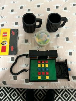 Lego phone, notebook, cups