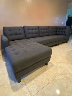 Navy Blue Tufted Fabric Sectional Sofa with Chaise