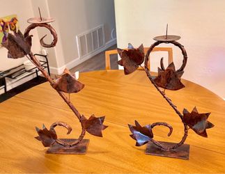 Pair Steel w/ Copper Finish Ivy Leaf & Vine Pillar Candle Holders 18" & 15" T