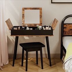 Vanity Set with Mirror and Stool Makeup Vanity Desk Set with Flip Top Writing Desk 2 Side Organizers