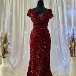 Burgundy Sequins Mermaid Off-Shoulder Dress