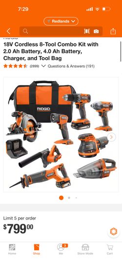 RIDGID 18V Cordless 8-Tool Combo Kit with 2.0 Ah Battery And 4.0 Ah Battery