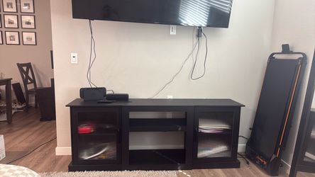 Black TV Stand with Glass Cabinet Doors
