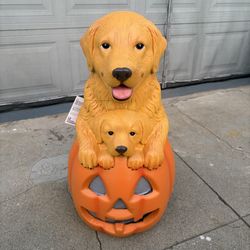Halloween Golden Retriever & Puppy on Pumpkin Light Up Porch Greeter 2.5 ft NEW