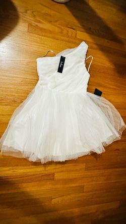 Lulus Exceptional Moments White Swiss Dot One-Shoulder Mini Dress