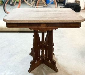 Antique Eastlake Victorian Side Table – Walnut Pedestal w/ Marble-Style Top