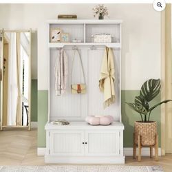 Hall Tree with Storage Shoe Bench for Entryway and Hallway, 4-in-1 Design Coat Racks with 4 Hooks for Living Room, White