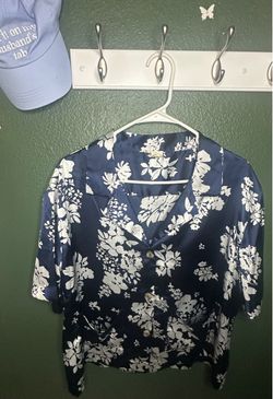 Navy Blue Floral Satin Button-Up Top