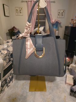 Gray Canvas Tote Handbag with Gold Hardware