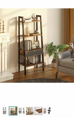 Ladder Shelf with Drawer, Wood Ladder Bookshelf, 4-Tier Leaning Utility Organizer Shelves