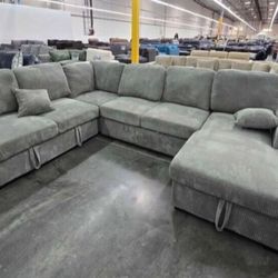 New Corduroy Sectional With Chaise Storage.  Grey.  92x119x61.  Free Delivery!