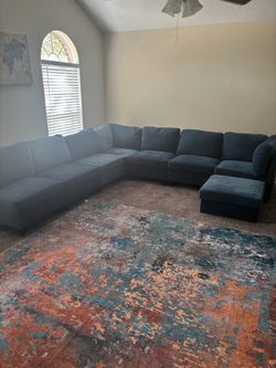 Large Blue Fabric Sectional Sofa with Ottoman