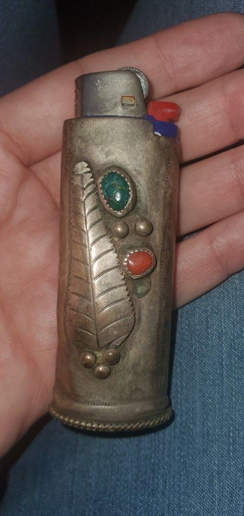 Vintage Lighter Case Sterling Silver Turquoise Coral