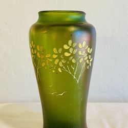 vintage art deco hand painted iridescent etched vase