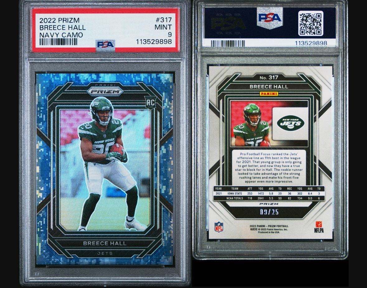 Breece Hall Navy Camo /25 PSA 9 Rookie Prizm