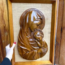 Vintage Madonna & Baby Jesus Artwork Carved Wood 