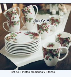 Set De 8 Tazas Y 8 Platos Navideños Nuevos En Sus Cajas