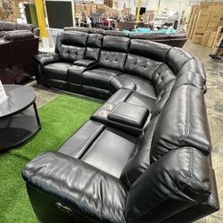 Power Recliner Black Leather Sectional With Lights