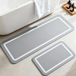 Soft Diatomaceous Earth Bath Mat, Quick Dry Bathroom Mats 2 Piece, Gray Super Absorbent Bath Mat Set, Washable Non Slip Bathroom Rugs, Stone Bath Mats