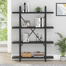 New  4 Tier Black Bookshelf, Industrial Metal Wood Storage Book Shelves, Modern Open 4 Shelf black